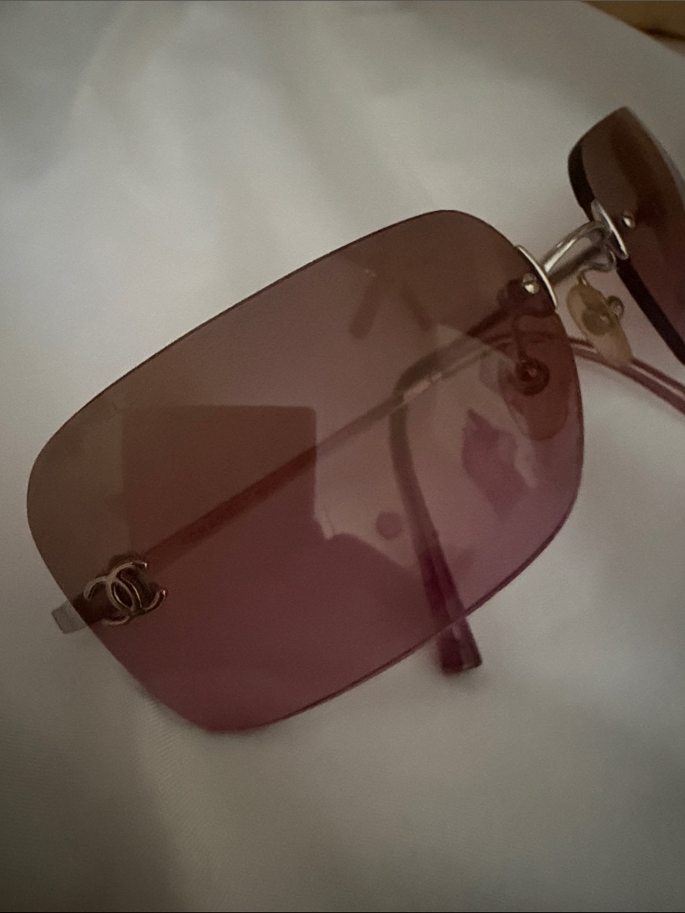Authentic CHANEL Rimless Square Sunglasses in Rose-Brown Tinted Lenses